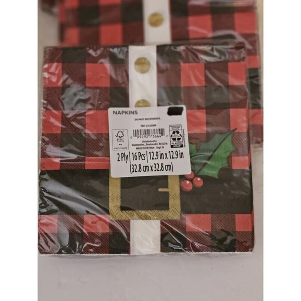 Christmas Santa Belt Party 5 pkgs Napkins & 5 pkgs Plates Set NEW Sealed Plaided